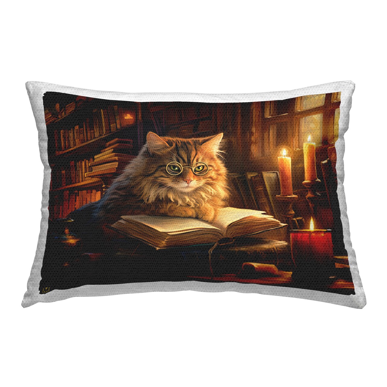 Cat Reading Cozy Library Design by Michael David Ward Outdoor Printed Pillow